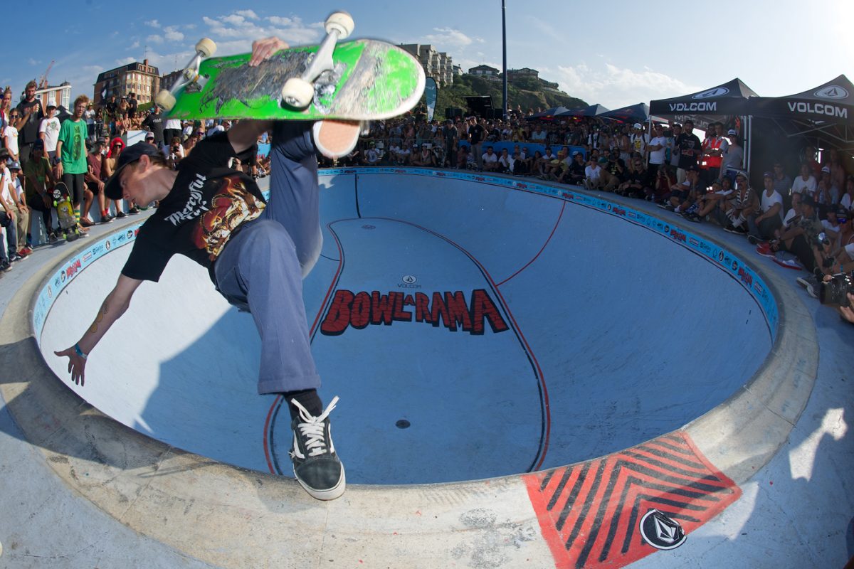 Chris Russell with one of the craziest tricks I've ever seen in a bowl. Frontside boneless to frontside invert. Photo: J. Hay