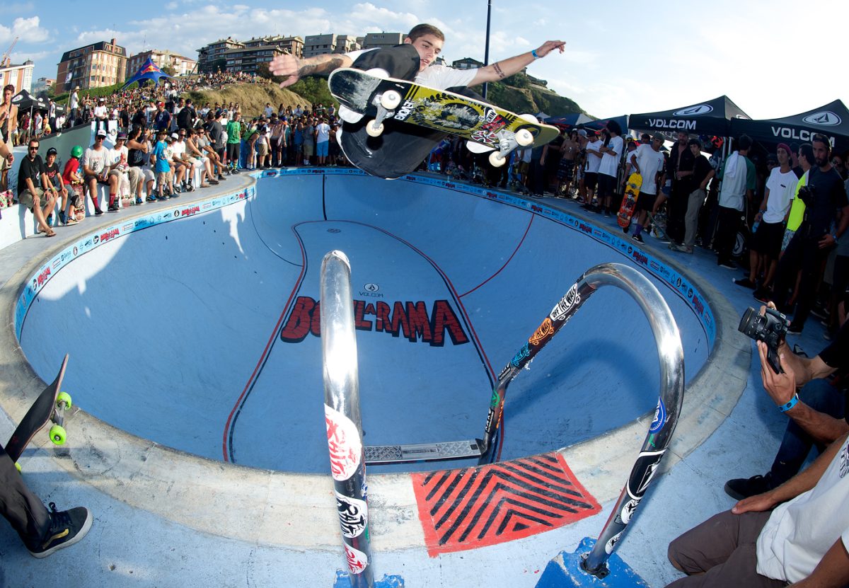 Felipe Foguinho from Brazil. Huge ollie over the ladder during the best trick contest. He smacked one of these down to disaster! Photo: J. Hay